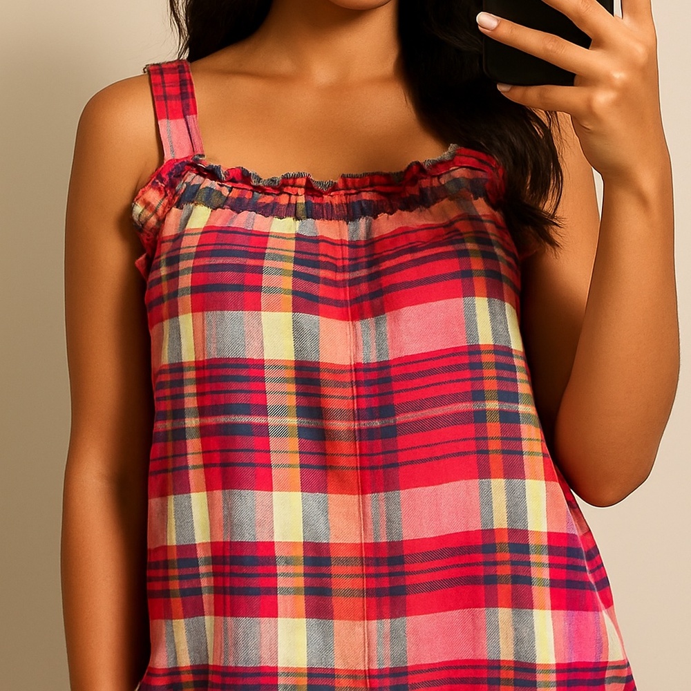 J.Crew Babydoll Tank Blouse Red Multicolor Plaid Adjustable Straps size 4